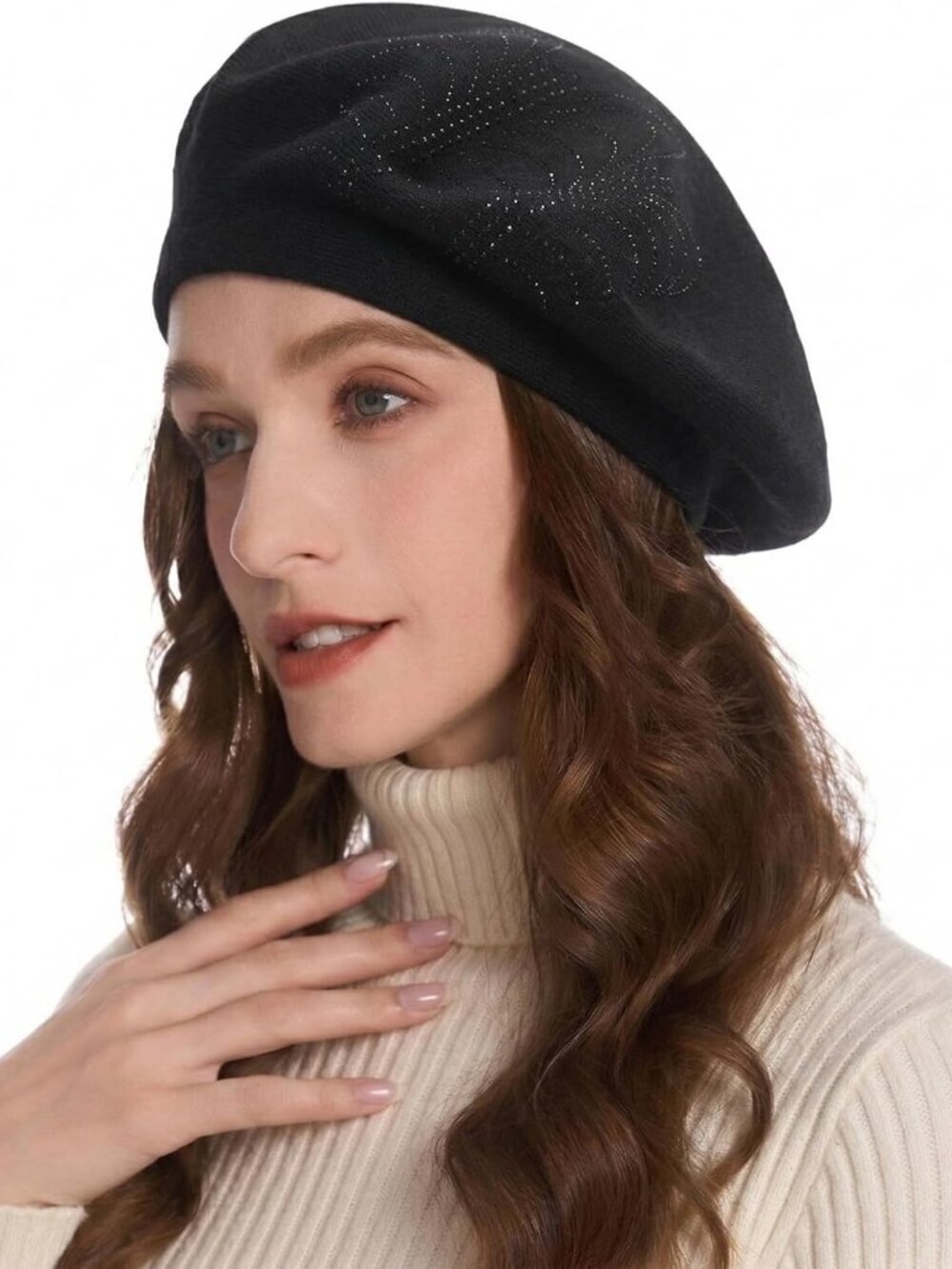 Women's French Beret Hat Reversible Knitted Thickened Warm Cap Solid Black